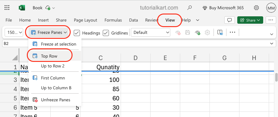 Excel - Freezing the Top Row